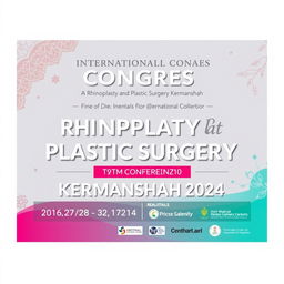 A vibrant and eye-catching conference banner for the 'International Congress Rhinoplasty and Plastic Surgery Kermanshah 2024'