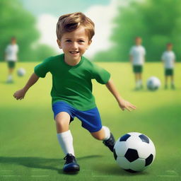 A captivating digital art movie poster featuring a young boy playing soccer on a lush green field