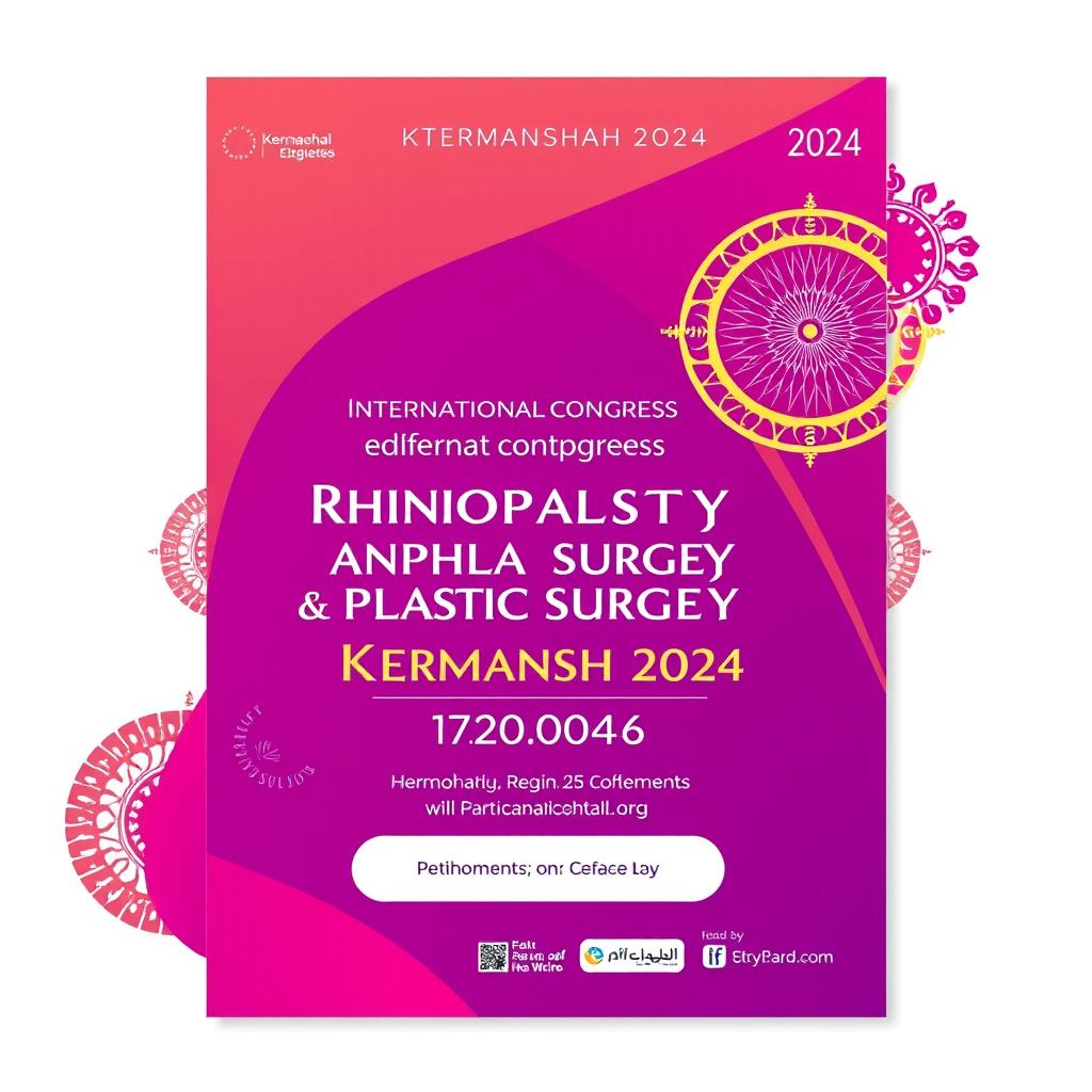 A vibrant and eye-catching conference banner for the 'International Congress Rhinoplasty and Plastic Surgery Kermanshah 2024'