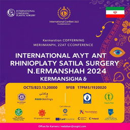A vibrant and eye-catching conference banner for the 'International Congress Rhinoplasty and Plastic Surgery Kermanshah 2024'