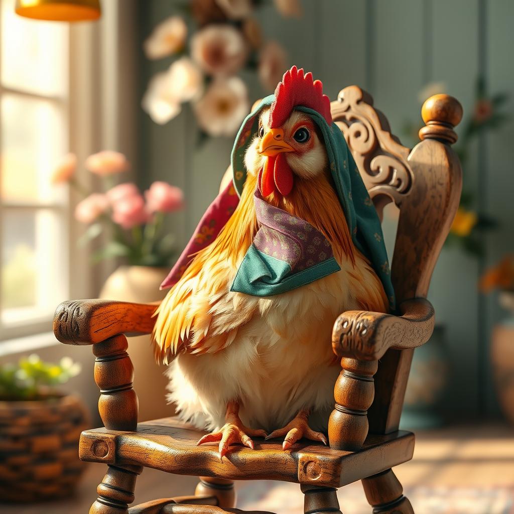 A whimsical scene featuring a hen adorned in a colorful hijab, comfortably perched on a charming wooden chair