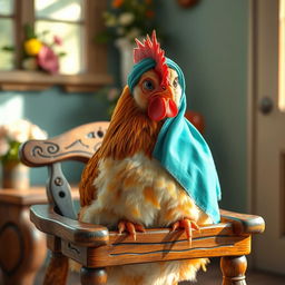 A whimsical scene featuring a hen adorned in a colorful hijab, comfortably perched on a charming wooden chair