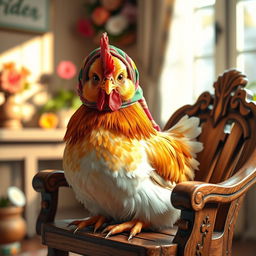 A whimsical scene featuring a hen adorned in a colorful hijab, comfortably perched on a charming wooden chair