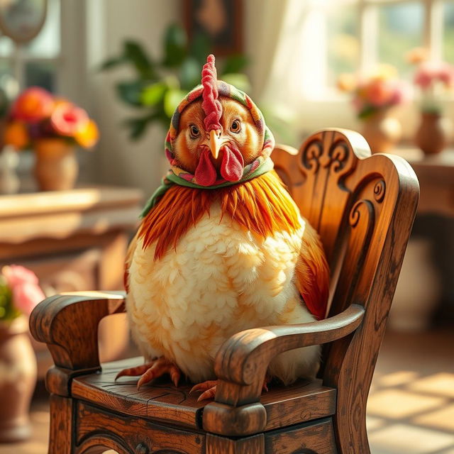 A whimsical scene featuring a hen adorned in a colorful hijab, comfortably perched on a charming wooden chair