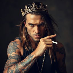 A 30-year-old male with long, flowing hair and a crown resting on his head, looking intensely forward with an angry expression