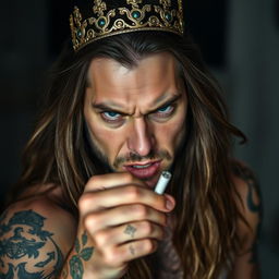 A 30-year-old male with long, flowing hair and a crown resting on his head, looking intensely forward with an angry expression