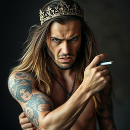 A 30-year-old male with long, flowing hair and a crown resting on his head, looking intensely forward with an angry expression