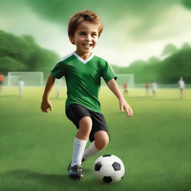 A captivating digital art movie poster featuring a young boy playing soccer on a lush green field