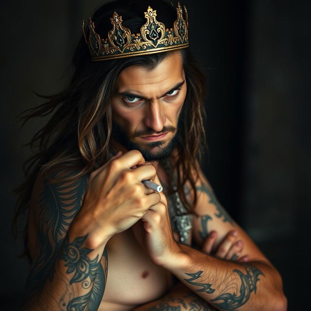 A 30-year-old male with long, flowing hair and a crown resting on his head, looking intensely forward with an angry expression