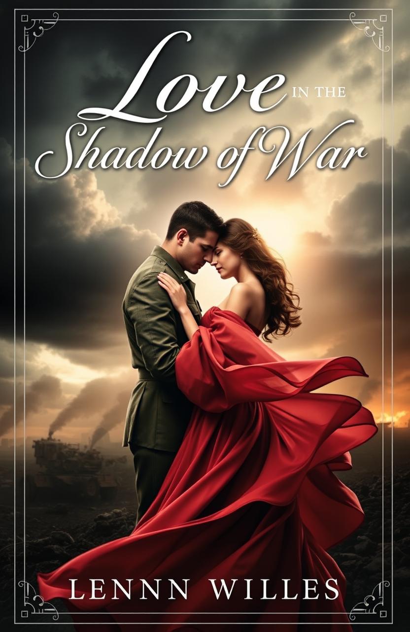 A captivating novel cover featuring the title "Love in the Shadow of War" in elegant, flowing typography at the top