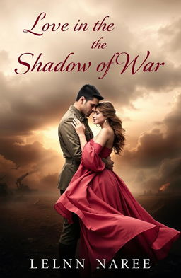 A captivating novel cover featuring the title "Love in the Shadow of War" in elegant, flowing typography at the top