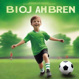 A captivating digital art movie poster featuring a young boy playing soccer on a lush green field