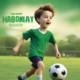 A captivating digital art movie poster featuring a young boy playing soccer on a lush green field