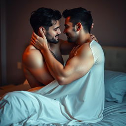 A passionate and intimate scene of two adult men engaged in a romantic embrace, showcasing their deep connection and mutual affection