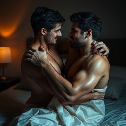 A passionate and intimate scene of two adult men engaged in a romantic embrace, showcasing their deep connection and mutual affection