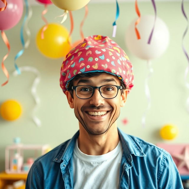 A humorous scene depicting a man playfully wearing colorful boxers as a hat