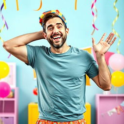 A humorous scene depicting a man playfully wearing colorful boxers as a hat