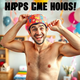 A humorous scene depicting a man playfully wearing colorful boxers as a hat