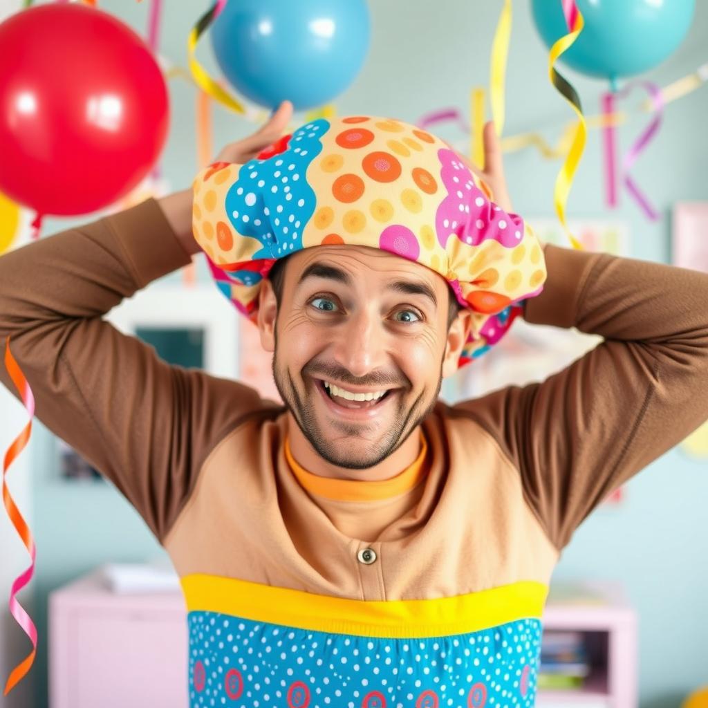 A humorous scene depicting a man playfully wearing colorful boxers as a hat