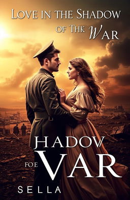 A captivating novel cover featuring the title 'Love in the Shadow of War' artistically placed at the top in elegant, bold typography
