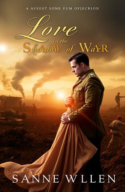A captivating novel cover featuring the title 'Love in the Shadow of War' artistically placed at the top in elegant, bold typography