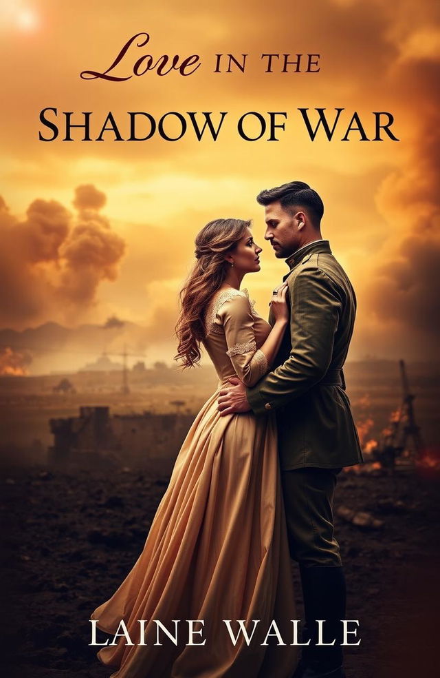 A captivating novel cover featuring the title 'Love in the Shadow of War' artistically placed at the top in elegant, bold typography