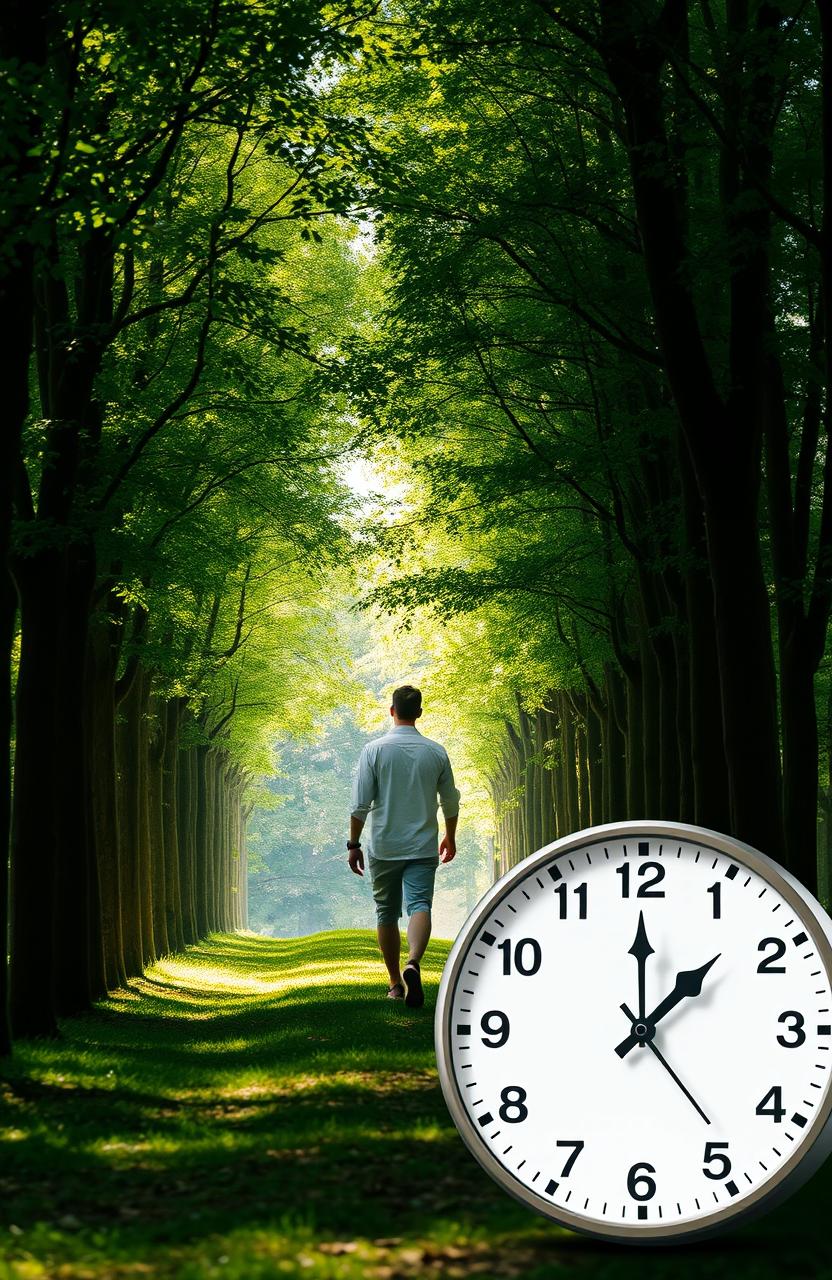 A man walking into a lush green forest, viewed from behind, showcasing tall trees lined on both sides