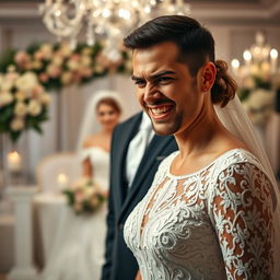 A scene capturing an angry man standing in front of his bride, who is looking surprised