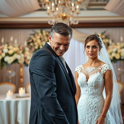 A scene capturing an angry man standing in front of his bride, who is looking surprised