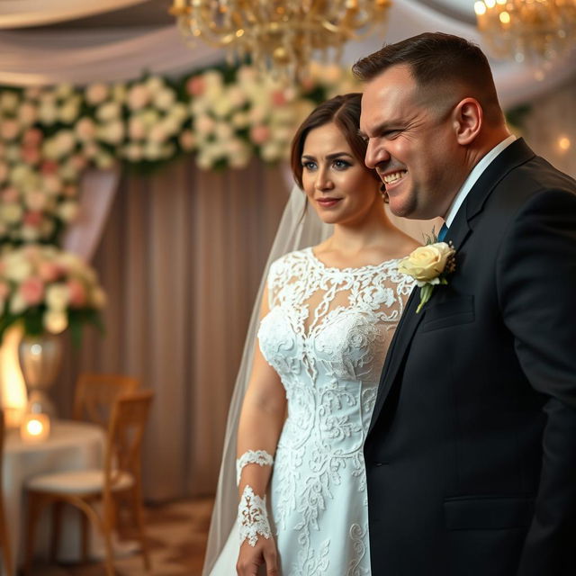 A scene capturing an angry man standing in front of his bride, who is looking surprised