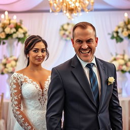 A scene capturing an angry man standing in front of his bride, who is looking surprised