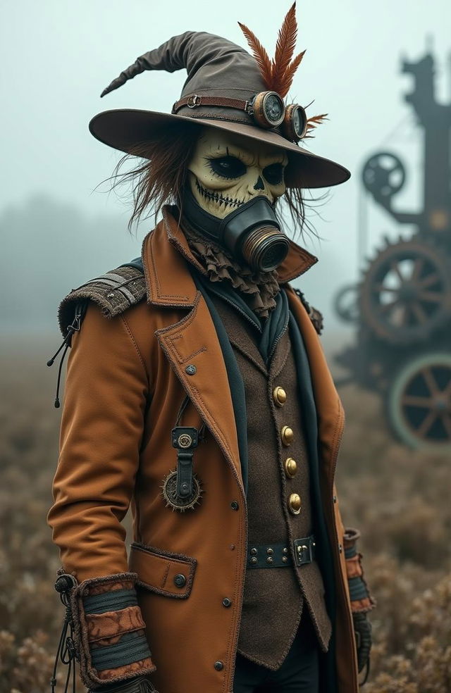 A steampunk interpretation of Scarecrow, featuring a creative blend of rustic and industrial elements