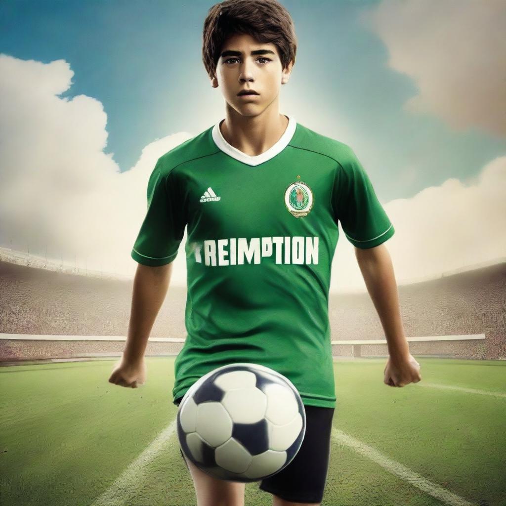 A realistic digital art movie poster titled 'Pitch of Redemption' featuring a 16-year-old Argentinian boy, standing 6 feet tall and weighing 175 pounds