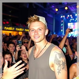 A 30-year-old male with short hair sporting a relaxed, casual style, standing in a concert environment