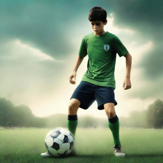 A realistic digital art movie poster titled 'Pitch of Redemption' featuring a 16-year-old Argentinian boy, standing 6 feet tall and weighing 175 pounds