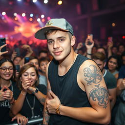 A 30-year-old male with short hair sporting a relaxed, casual style, standing in a concert environment