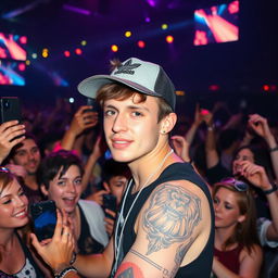 A 30-year-old male with short hair sporting a relaxed, casual style, standing in a concert environment