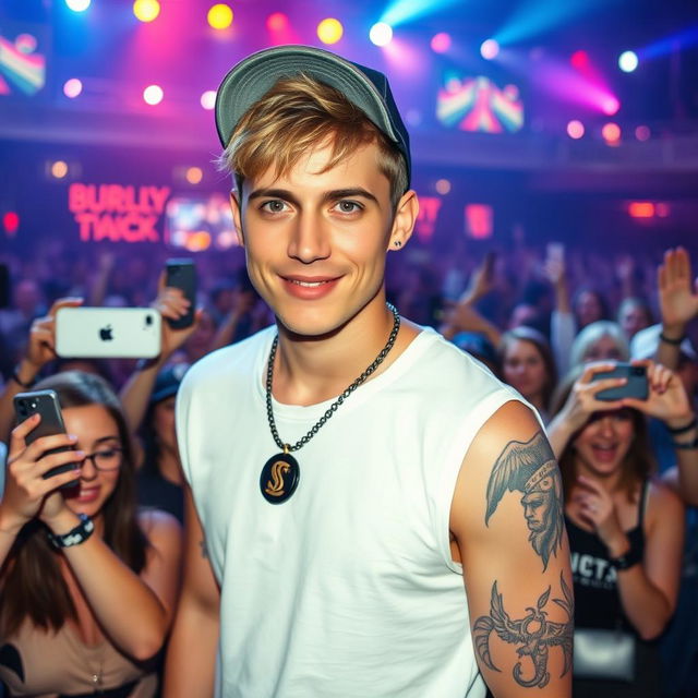 A 30-year-old male with short hair sporting a relaxed, casual style, standing in a concert environment