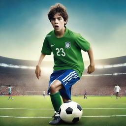 A realistic digital art movie poster titled 'Pitch of Redemption' featuring a 16-year-old Argentinian boy, standing 6 feet tall and weighing 175 pounds