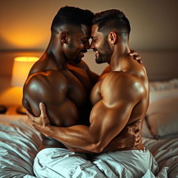 Two muscular men engaged in an intimate moment, positioned in an embrace that conveys passion and connection