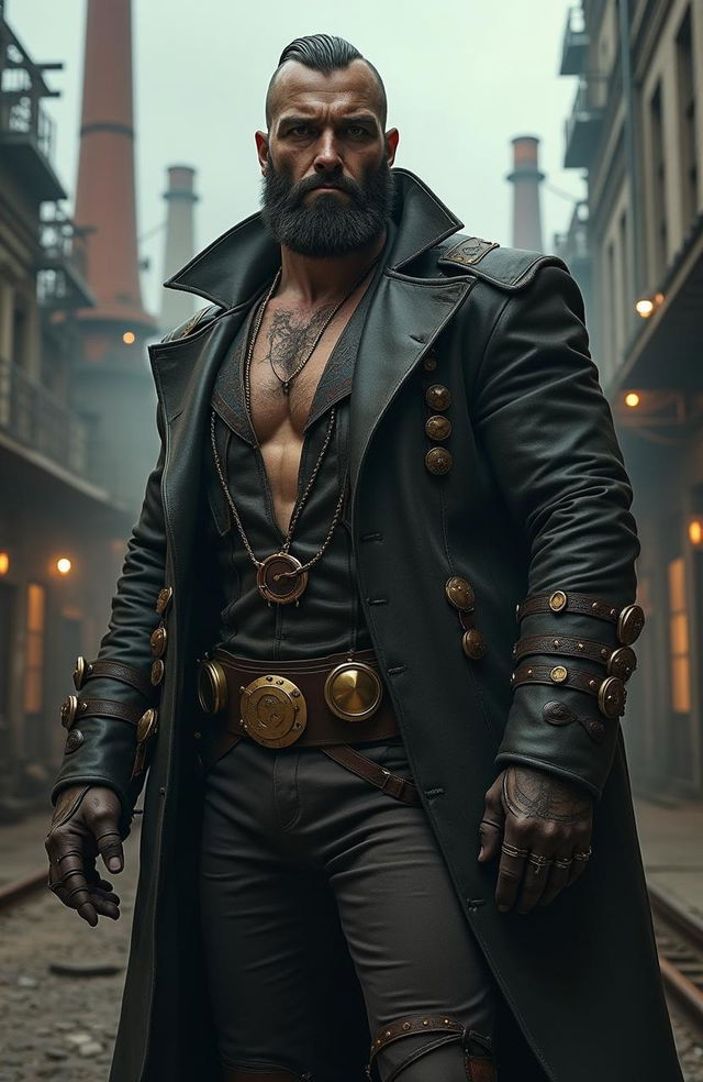 A steampunk interpretation of Bane, featuring a heavy Victorian-inspired outfit with leather and metal accents