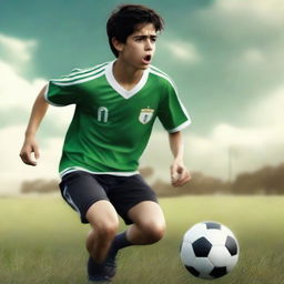 A realistic digital art movie poster titled 'Pitch of Redemption' featuring a 16-year-old Argentinian boy, standing 6 feet tall and weighing 175 pounds