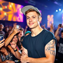 A 30-year-old male with short hair, dressed in a relaxed, casual style, standing in a concert setting