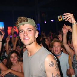 A 30-year-old male with short hair, dressed in a relaxed, casual style, standing in a concert setting