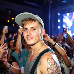 A 30-year-old male with short hair, dressed in a relaxed, casual style, standing in a concert setting