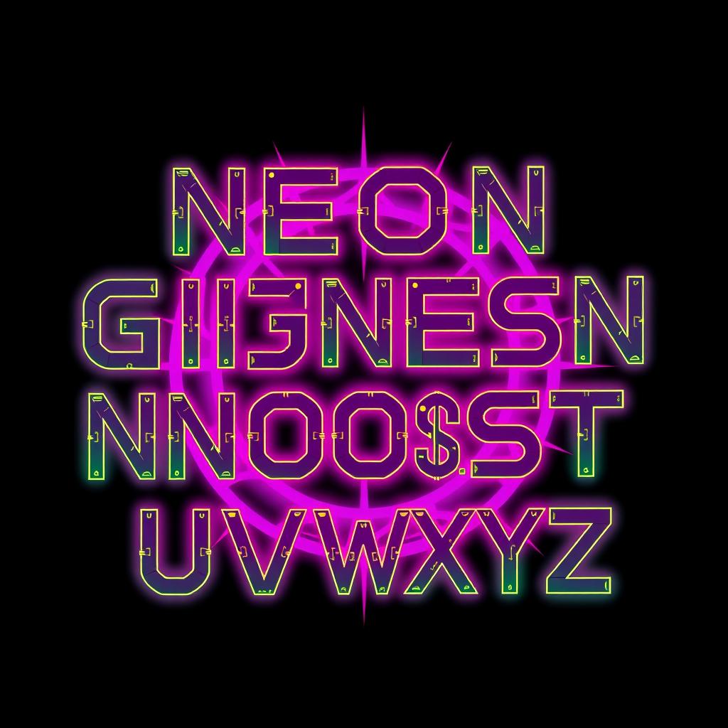 Design a striking font set inspired by the theme of 'Neon Genesis Evangelion', featuring a futuristic and mecha aesthetic that captures the essence of the series