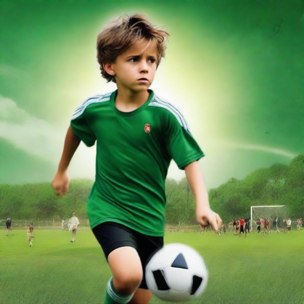 A captivating digital art movie poster featuring a young boy playing soccer on a lush green field