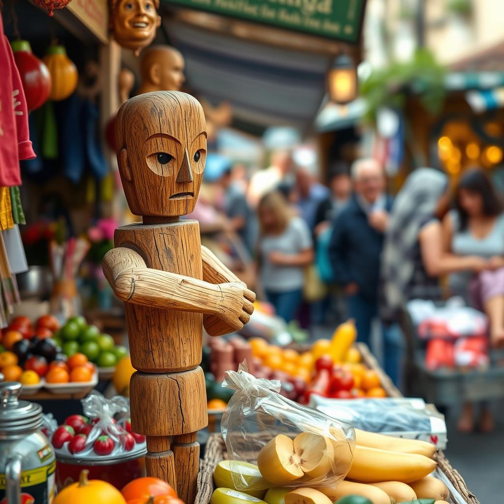 A wooden figure resembling a humanoid character, stealthily stealing goods from a market stall