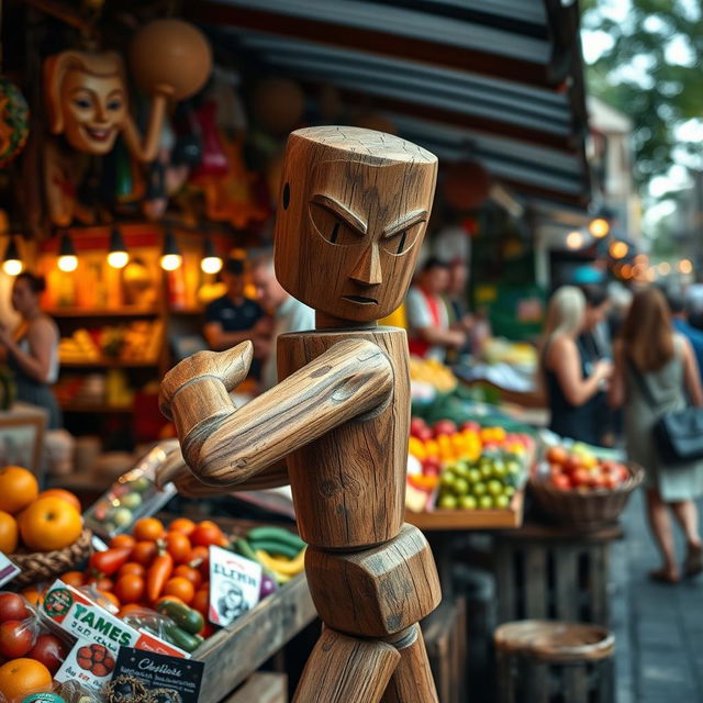 A wooden figure resembling a humanoid character, stealthily stealing goods from a market stall