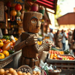 A wooden figure resembling a humanoid character, stealthily stealing goods from a market stall